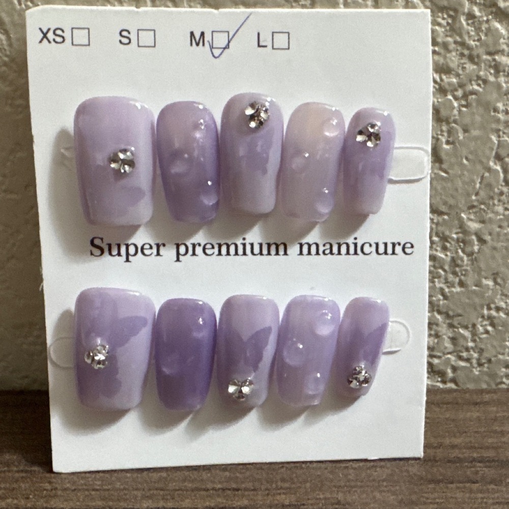 Lavender Butterfly Press On Nails 3D Water Droplet Rhinestone M Manicure Set